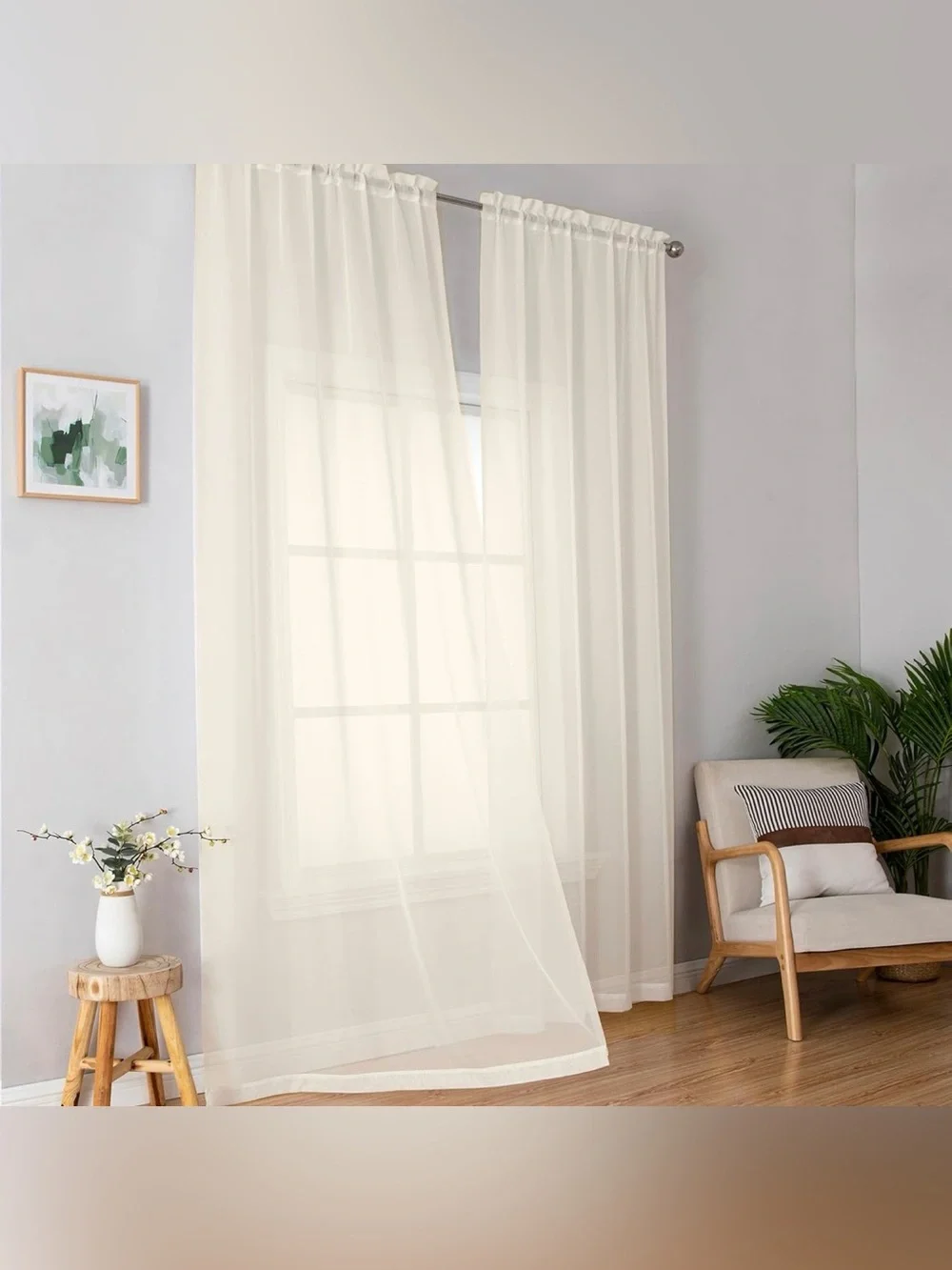 Cream Sheer Curtains 63 Inch Length 2 Panels, Rod Pocket, 42